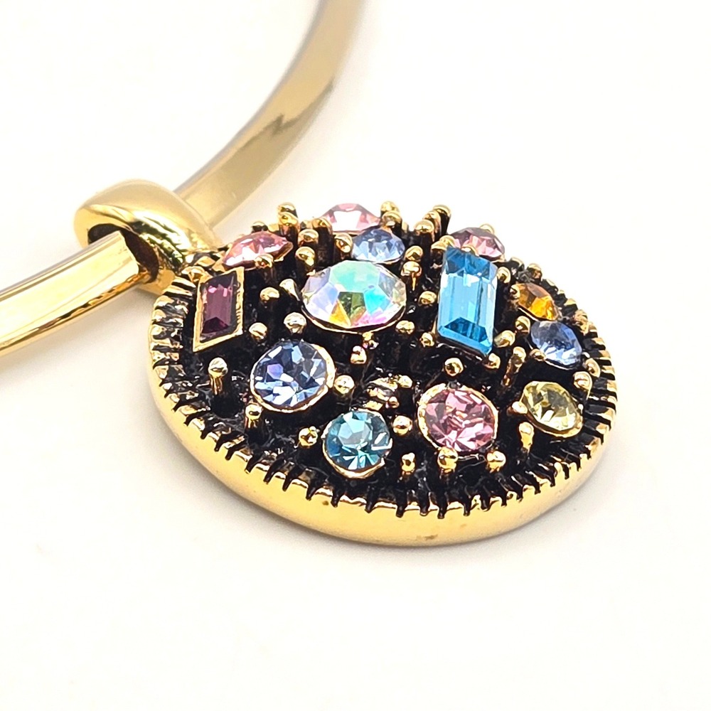Gold Tone Collar Necklace Multi Color Rhinestone Cluster Round Pendant